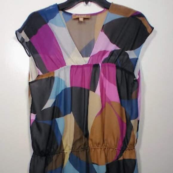Ellen Tracy Colorful Semi Sheer V-Neck Top with Cap Sleeves Size: M - Picture 10 of 11